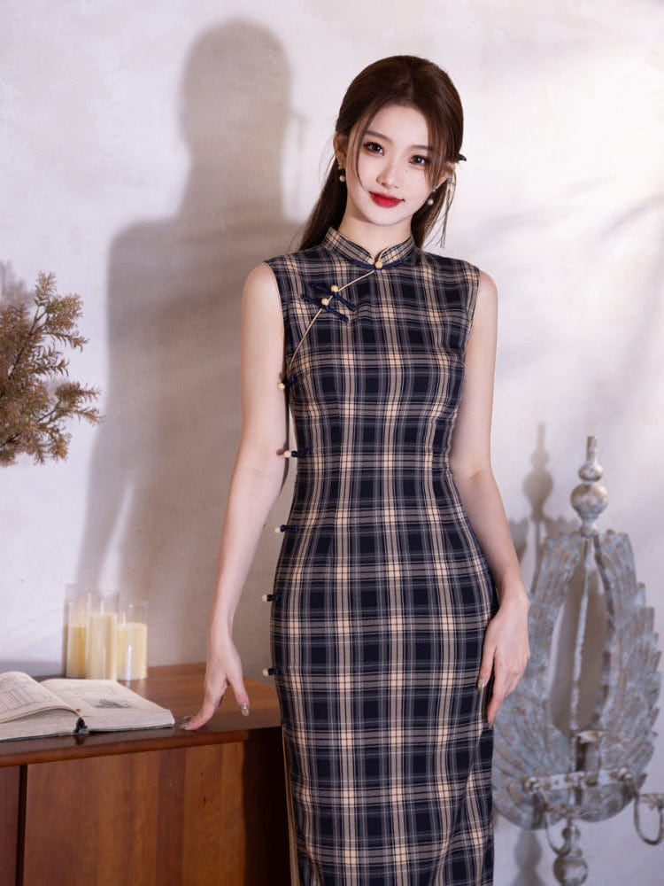 Beth and Brian Qipao-MYJ Sleeveless, plaid pattern, daily midi Cheongsam