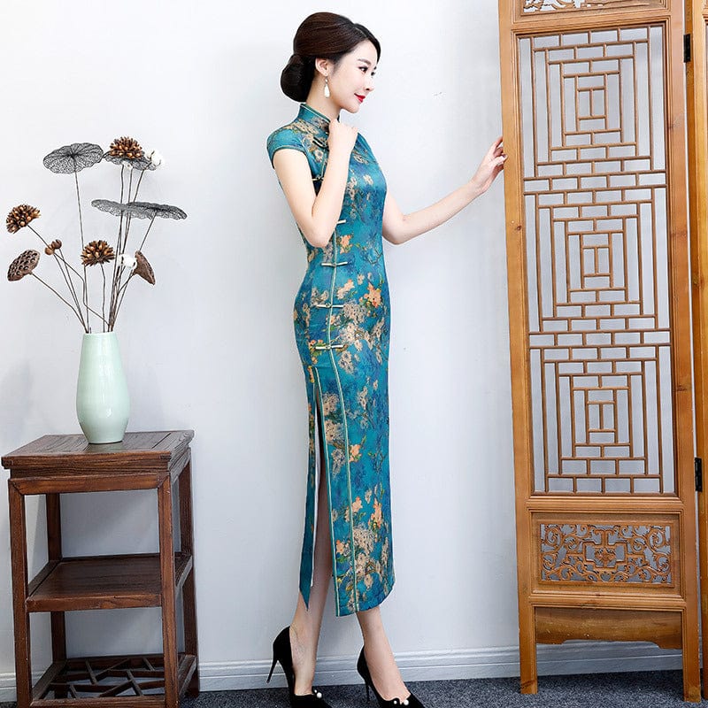 Beth and Brian Qipao-ZQYS Floral pattern, plus size, blue&green long Cheongsam
