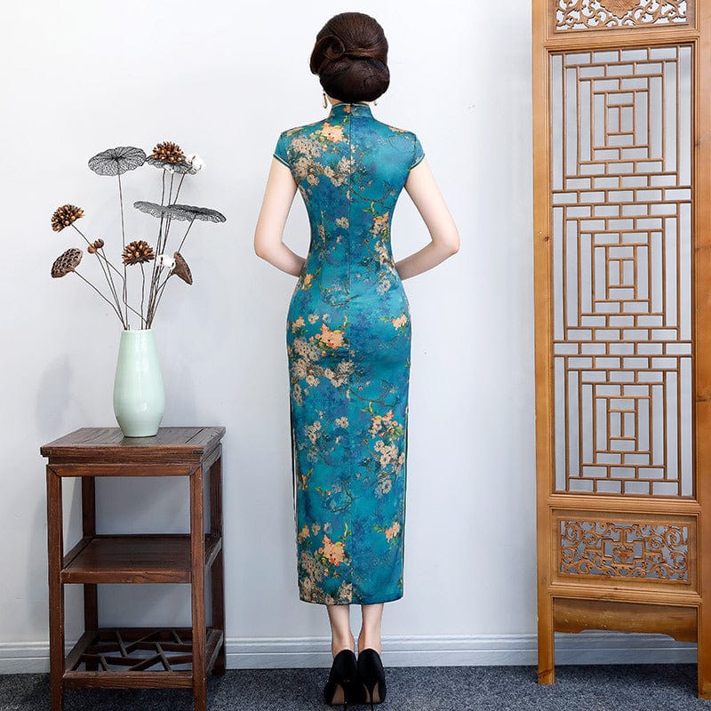 Beth and Brian Qipao-ZQYS Floral pattern, plus size, blue&green long Cheongsam