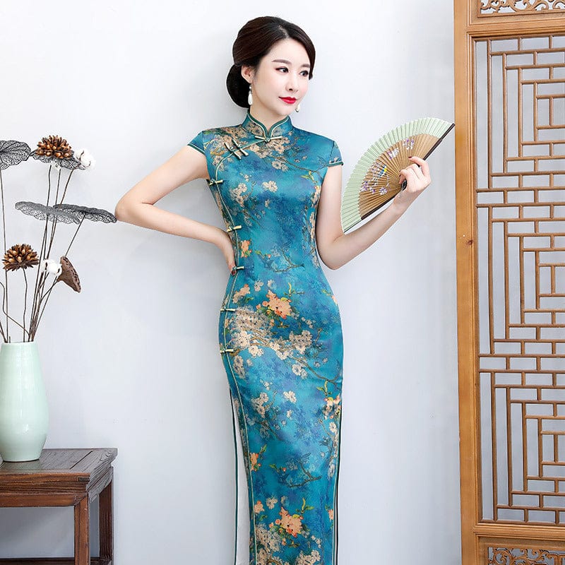 Beth and Brian Qipao-ZQYS Floral pattern, plus size, blue&green long Cheongsam