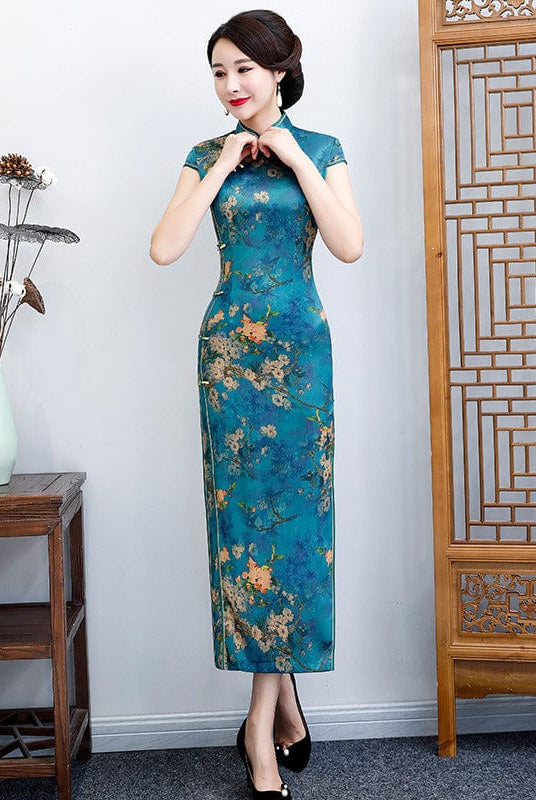Beth and Brian Qipao-ZQYS Floral pattern, plus size, blue&green long Cheongsam
