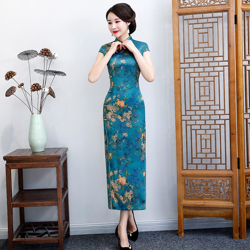 Beth and Brian Qipao-ZQYS Floral pattern, plus size, blue&green long Cheongsam