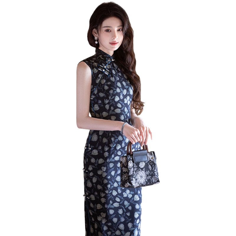 Beth and Brian Qipao-JLM Sleeveless, floral patten, navy blue midi Cheongsam