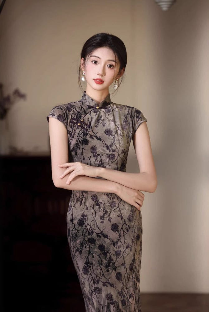 Beth and Brian Qipao-JLM Flocking fabric, floral pattern, grey midi Cheongsam