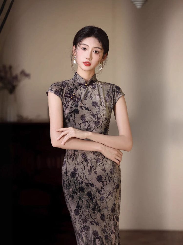 Beth and Brian Qipao-JLM Flocking fabric, floral pattern, grey midi Cheongsam