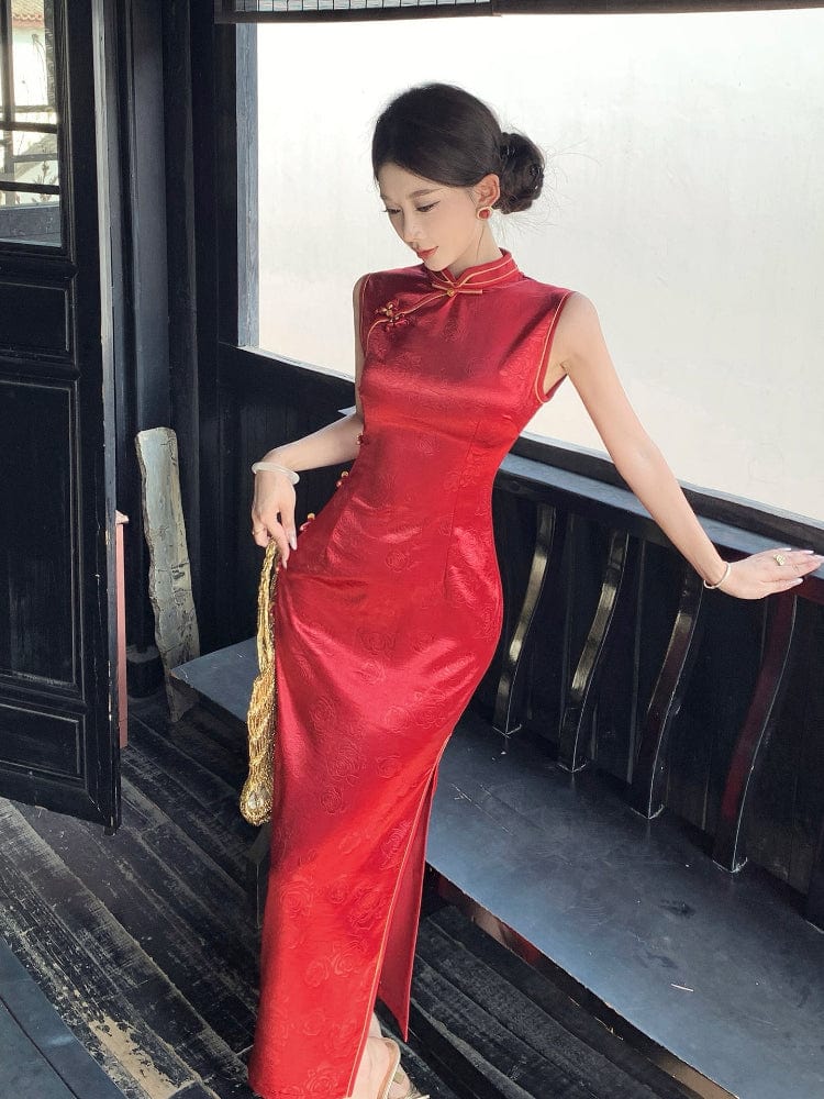 Beth and Brian Qipao-LSB Sleeveless, New Chinese style(新中式), red long Cheongsam
