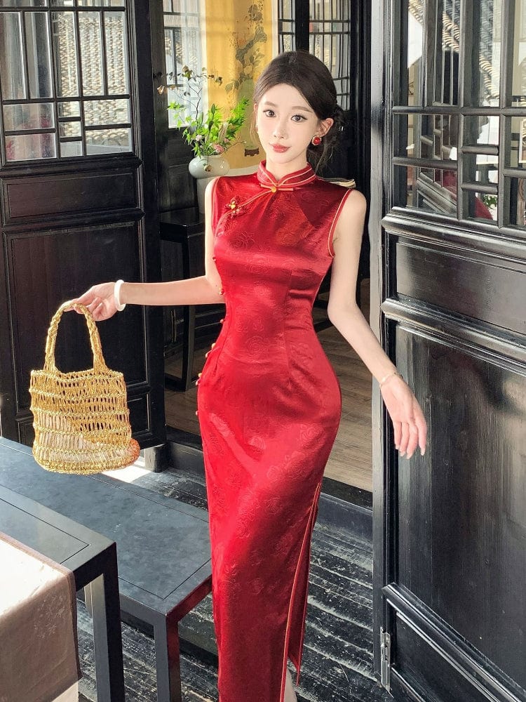 Beth and Brian Qipao-LSB Sleeveless, New Chinese style(新中式), red long Cheongsam