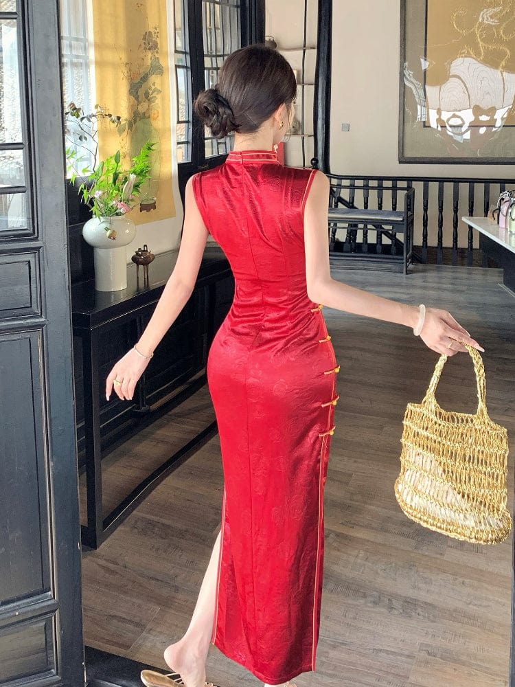 Beth and Brian Qipao-LSB Sleeveless, New Chinese style(新中式), red long Cheongsam