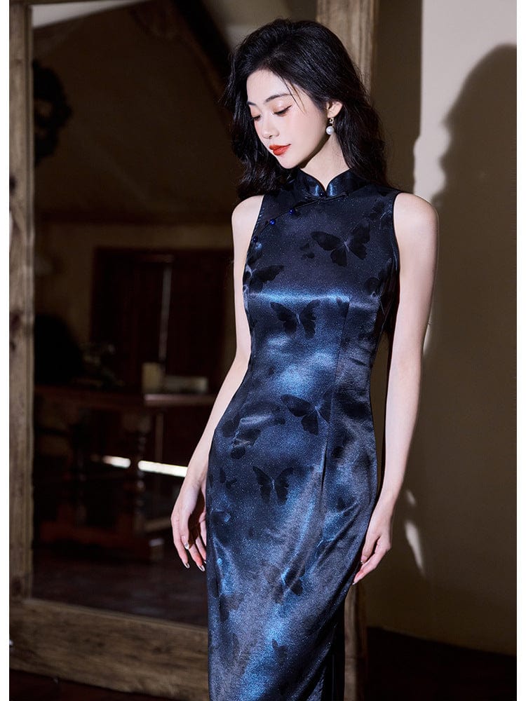 Beth and Brian Qipao-LSB New Chinese style (新中式), butterfly pattern, blue long Cheongsam