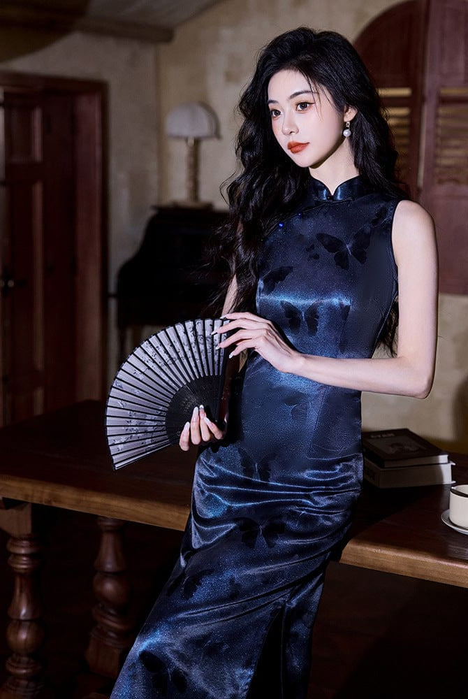 Beth and Brian Qipao-LSB New Chinese style (新中式), butterfly pattern, blue long Cheongsam