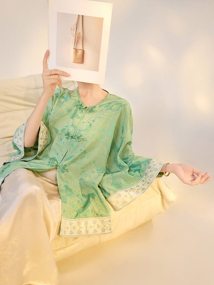 Beth and Brian Qipao-SS Loose-Fitting, green Qipao Top with flared sleeves