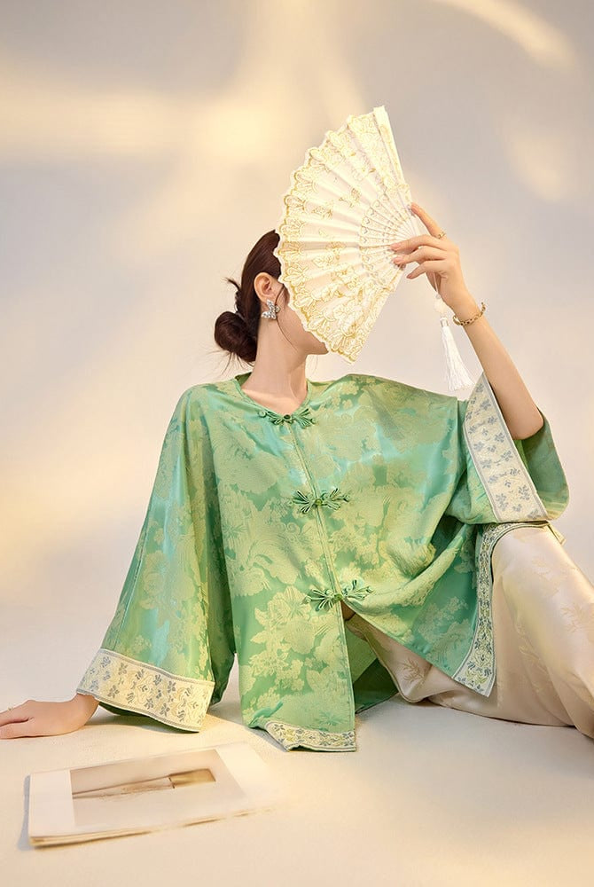 Beth and Brian Qipao-SS Loose-Fitting, green Qipao Top with flared sleeves