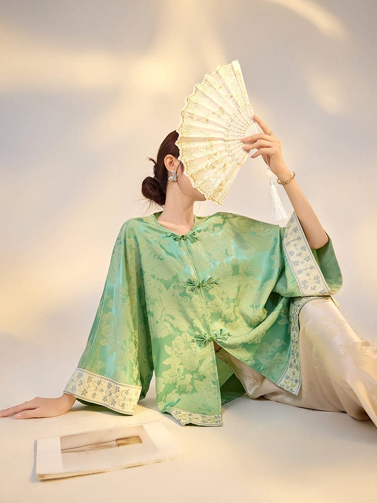 Beth and Brian Qipao-SS Loose-Fitting, green Qipao Top with flared sleeves