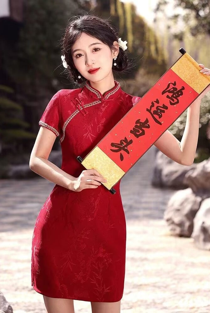 Beth and Brian Qipao-SYK Floral pattern, jacquard short Cheongsam