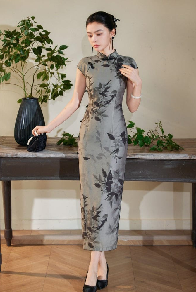 Beth and Brian Qipao-JD Tencel fabric, grey long Cheongsam