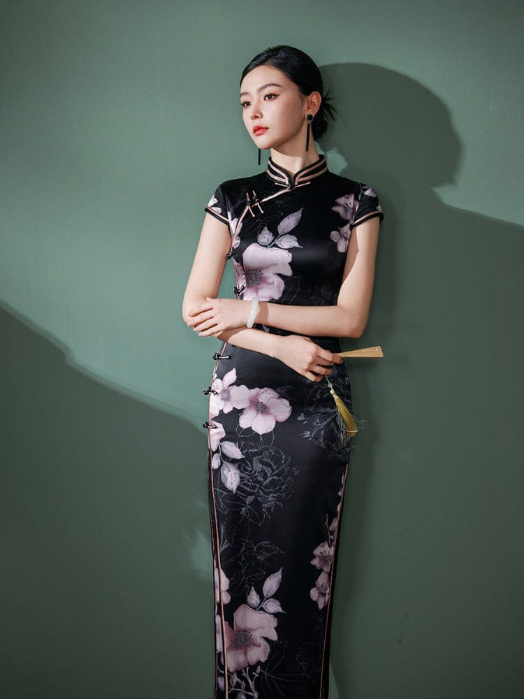 Beth and Brian Qipao-JD 19 mome mulberry silk, floral pattern, high-end black long Cheongsam