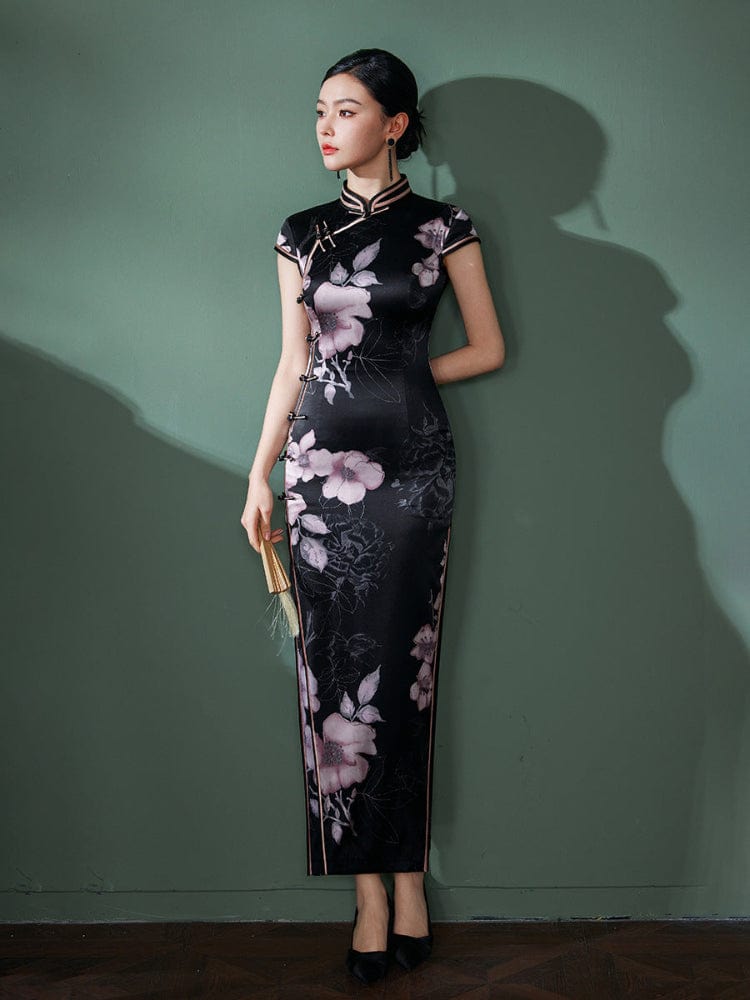 Beth and Brian Qipao-JD 19 mome mulberry silk, floral pattern, high-end black long Cheongsam