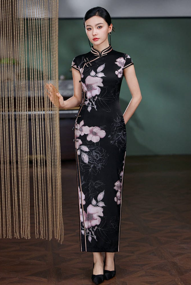 Beth and Brian Qipao-JD 19 mome mulberry silk, floral pattern, high-end black long Cheongsam