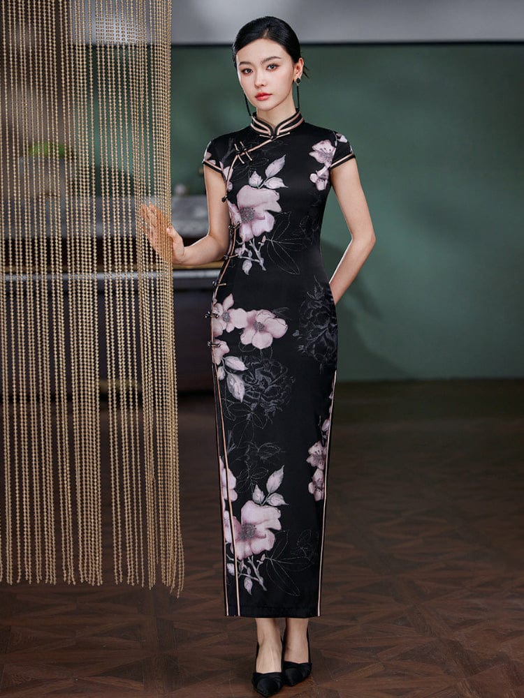 Beth and Brian Qipao-JD 19 mome mulberry silk, floral pattern, high-end black long Cheongsam