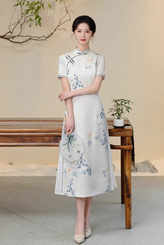 Beth and Brian Qipao-QMR Floral pattern, white midi Ao dai