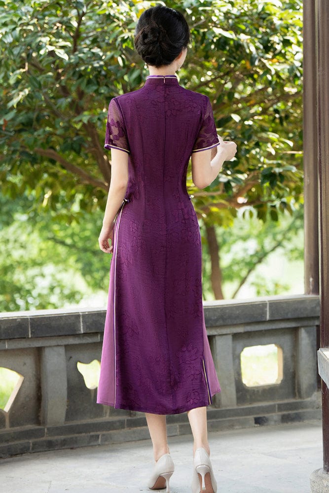 Beth and Brian Qipao-QMR Tencel fabric, floral pattern, plus size, purple midi Cheongsam
