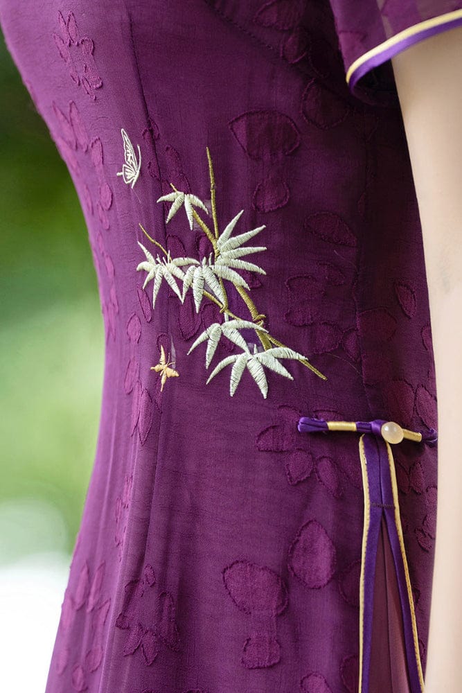 Beth and Brian Qipao-QMR Tencel fabric, floral pattern, plus size, purple midi Cheongsam