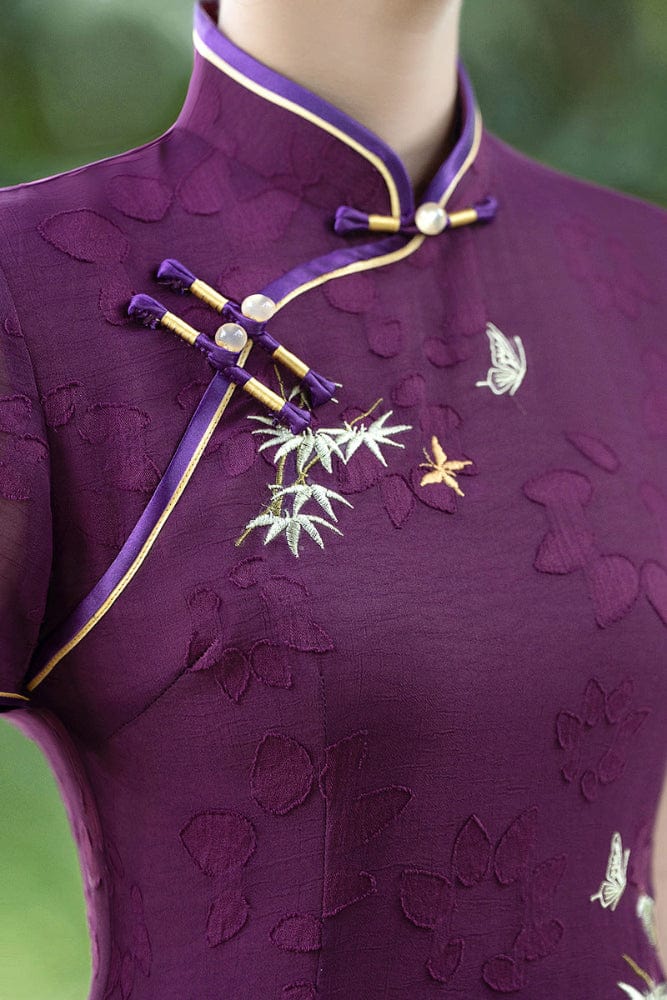 Beth and Brian Qipao-QMR Tencel fabric, floral pattern, plus size, purple midi Cheongsam
