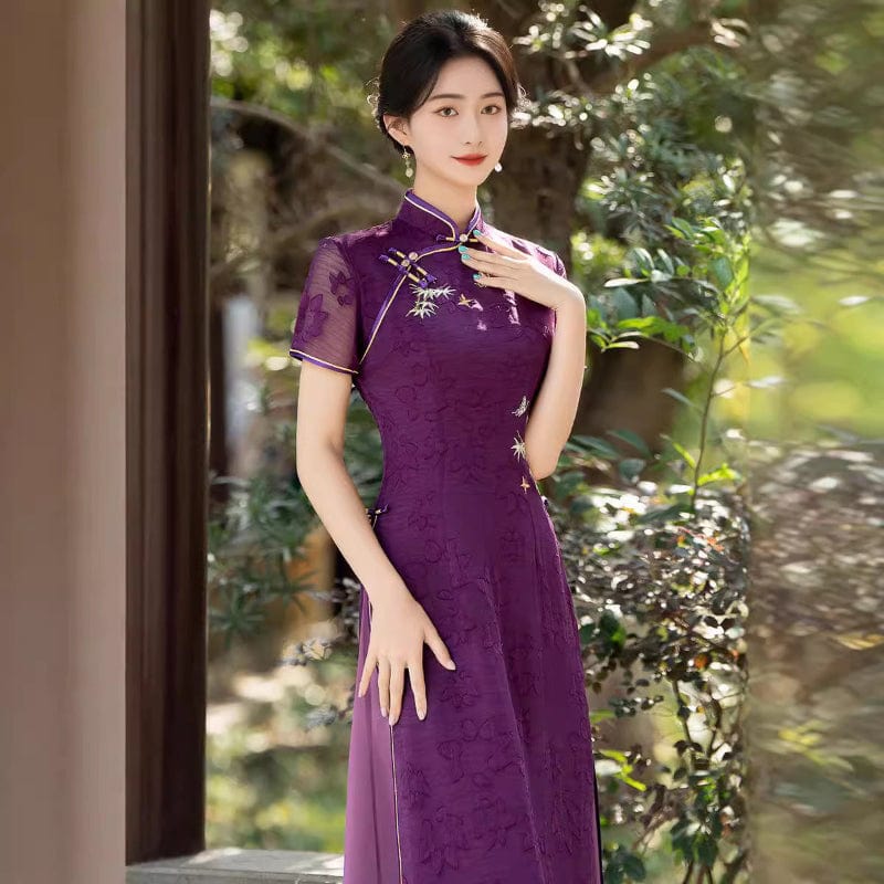 Beth and Brian Qipao-QMR Tencel fabric, floral pattern, plus size, purple midi Cheongsam