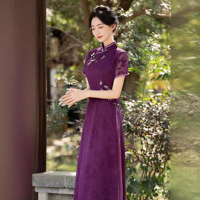 Beth and Brian Qipao-QMR Tencel fabric, floral pattern, plus size, purple midi Cheongsam