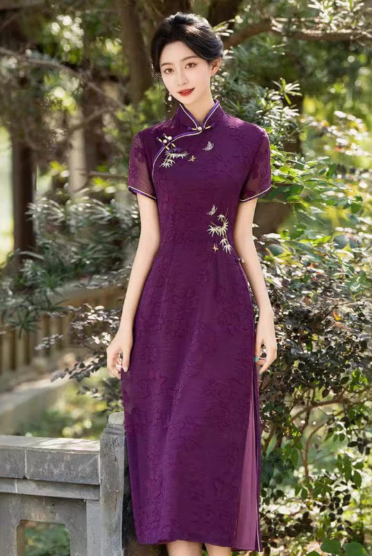Beth and Brian Qipao-QMR Tencel fabric, floral pattern, plus size, purple midi Cheongsam
