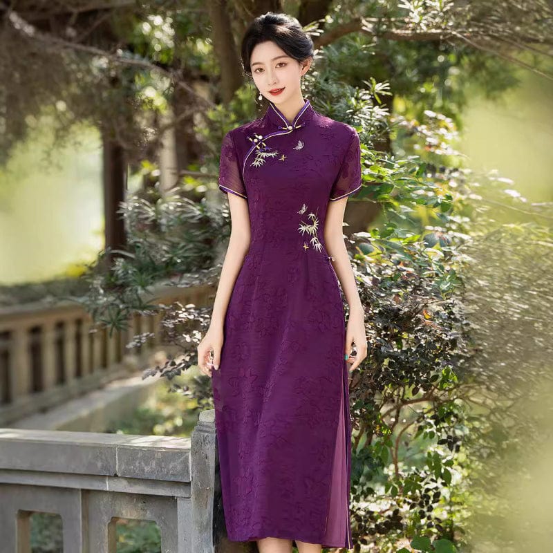 Beth and Brian Qipao-QMR Tencel fabric, floral pattern, plus size, purple midi Cheongsam