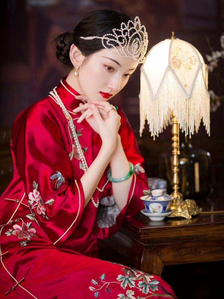 Beth and Brian Qipao-YCFX Deer Embroidery, acetate satin fabric, high-end long Cheongsam