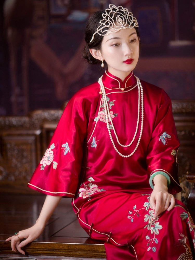 Beth and Brian Qipao-YCFX Deer Embroidery, acetate satin fabric, high-end long Cheongsam