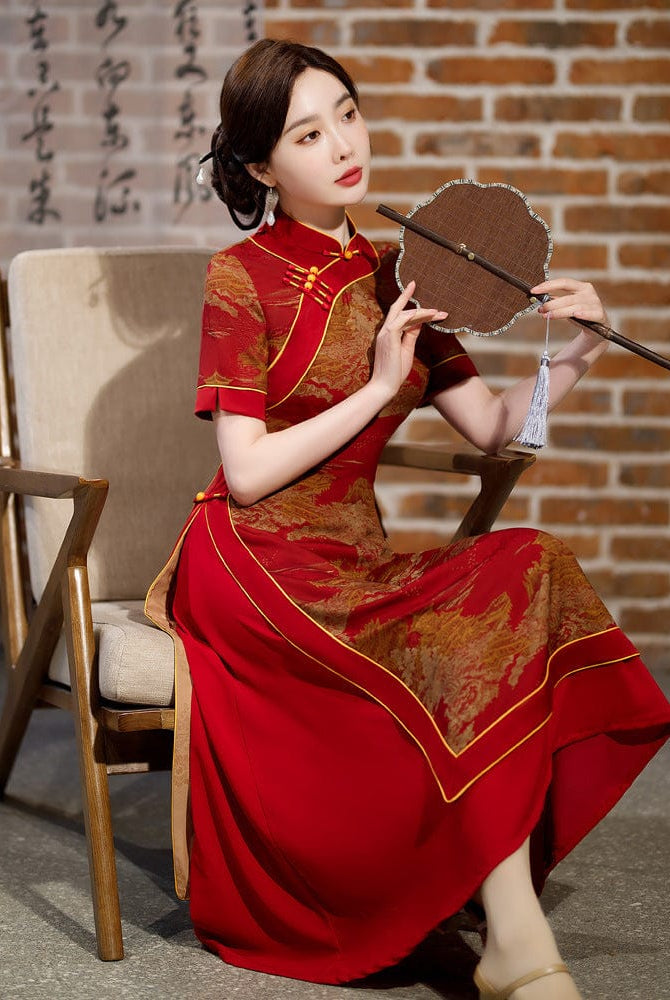 Beth and Brian Qipao-MY Old Shanghai style, plus size, red&green long Ao dai