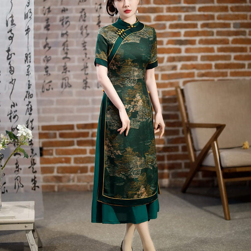 Beth and Brian Qipao-MY Old Shanghai style, plus size, red&green long Ao dai