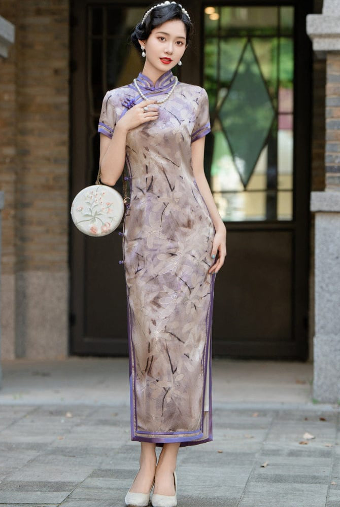 Beth and Brian Qipao-HQ Classical Cheongsam, satin fabric, plus size, purple long Qipao