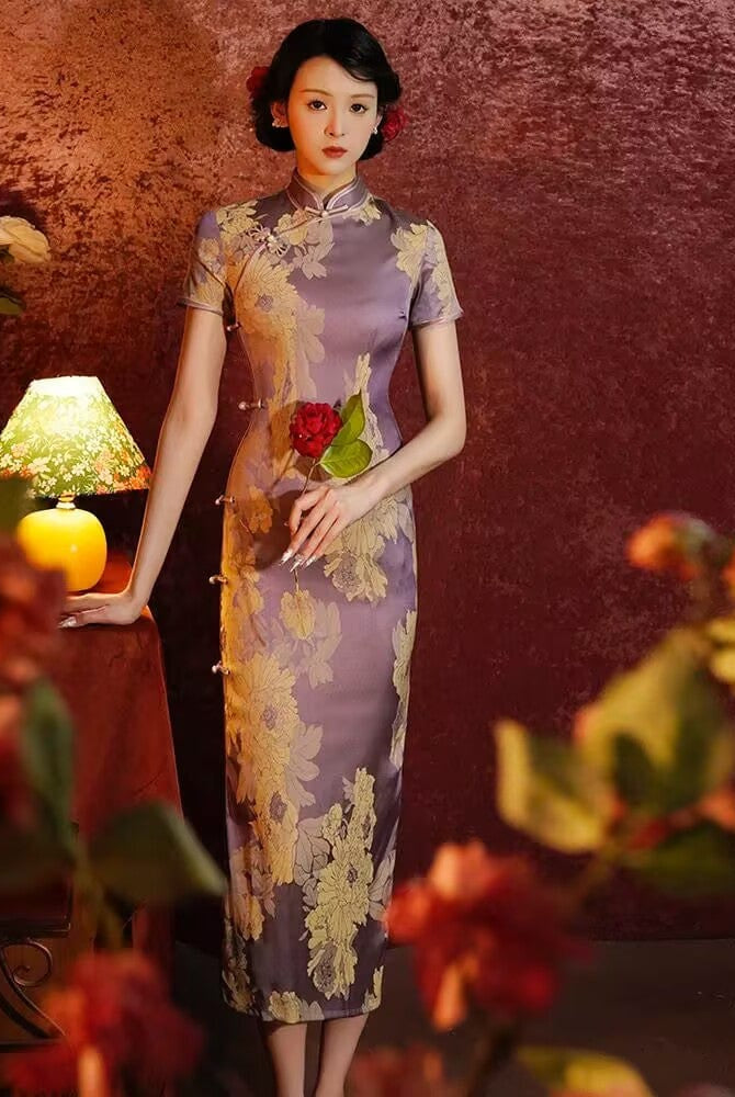 Beth and Brian Qipao-ZQYS Floral print, jacquard Cheongsam with short sleeves