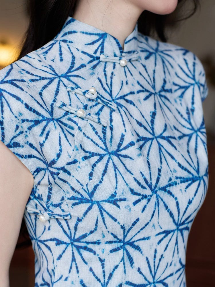 Beth and Brian Qipao-YG Tencel linen fabric, blue midi Cheongsam