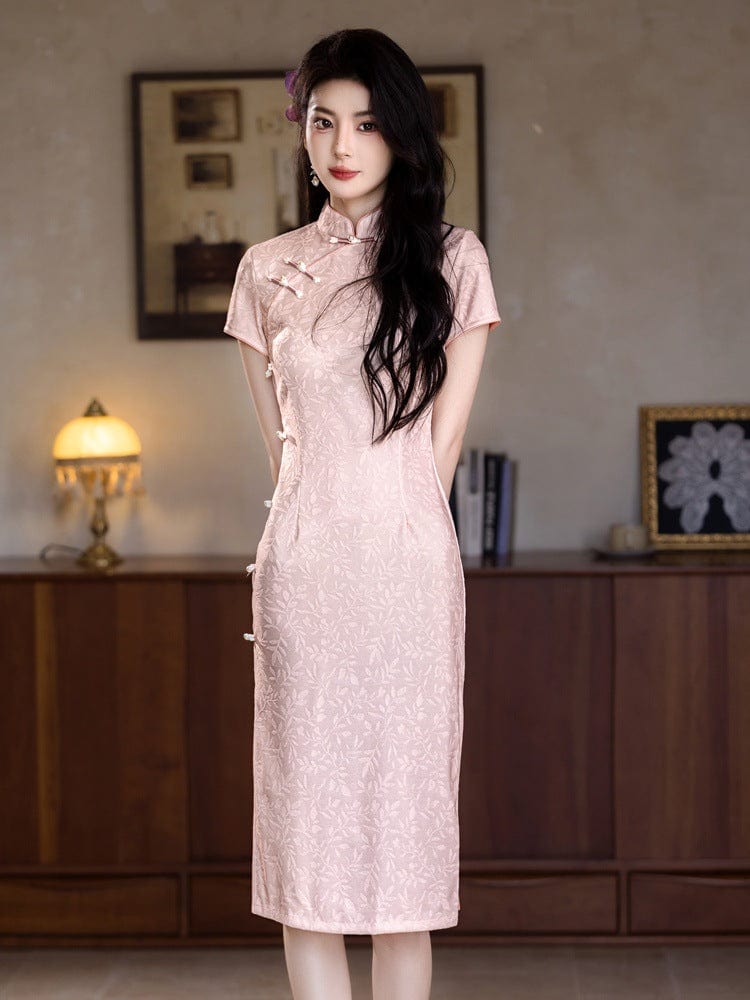 Beth and Brian Qipao-YG Leaf pattern, silk hemp midi Cheongsam with short sleeves