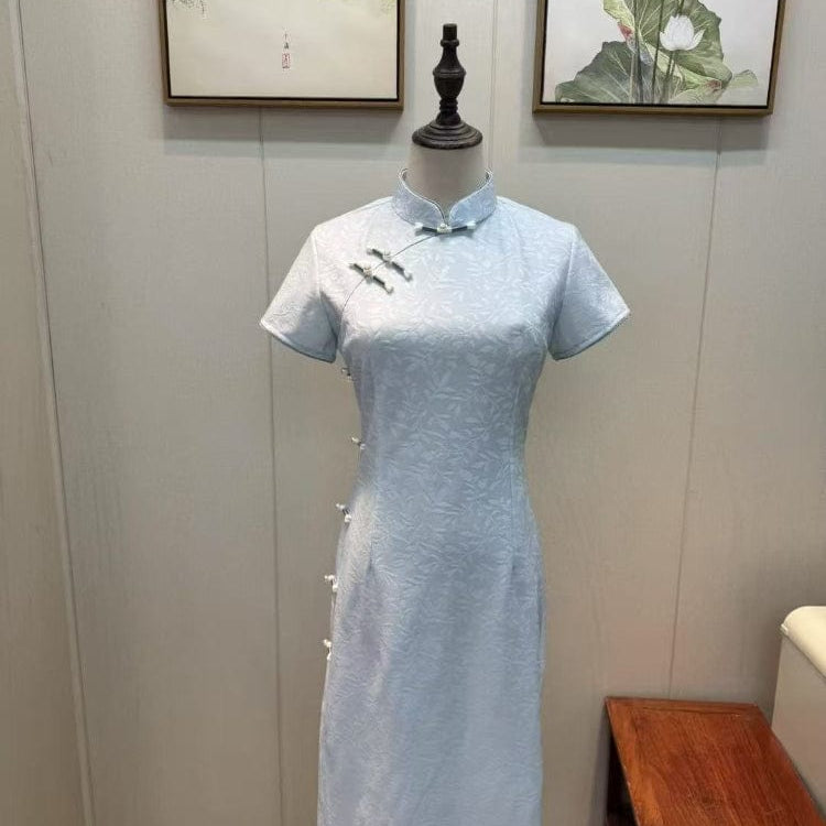 Beth and Brian Qipao-YG Leaf pattern, silk hemp midi Cheongsam with short sleeves