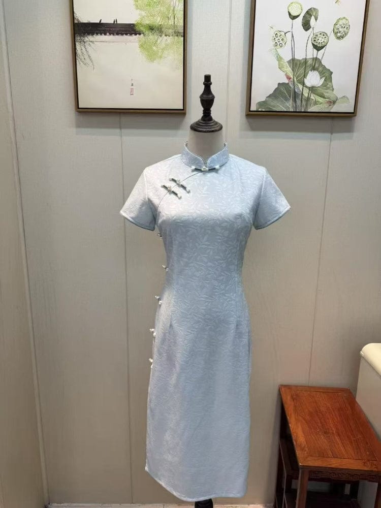 Beth and Brian Qipao-YG Leaf pattern, silk hemp midi Cheongsam with short sleeves