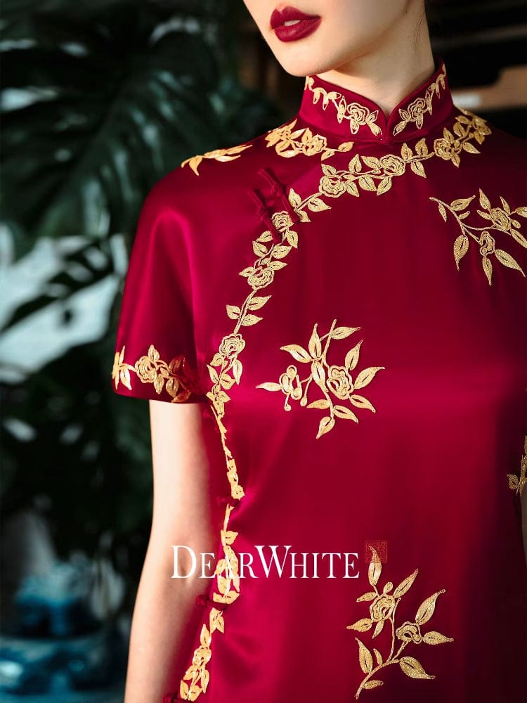 Beth and Brian Qipao-DW High-end, floral pattern, wedding red midi Cheongsam