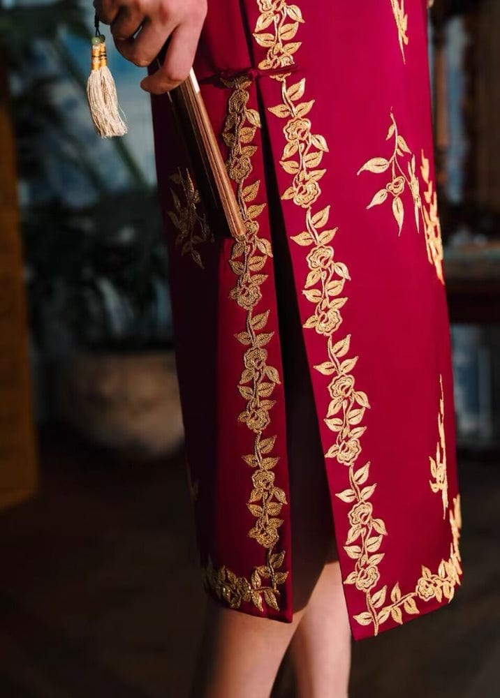 Beth and Brian Qipao-DW High-end, floral pattern, wedding red midi Cheongsam
