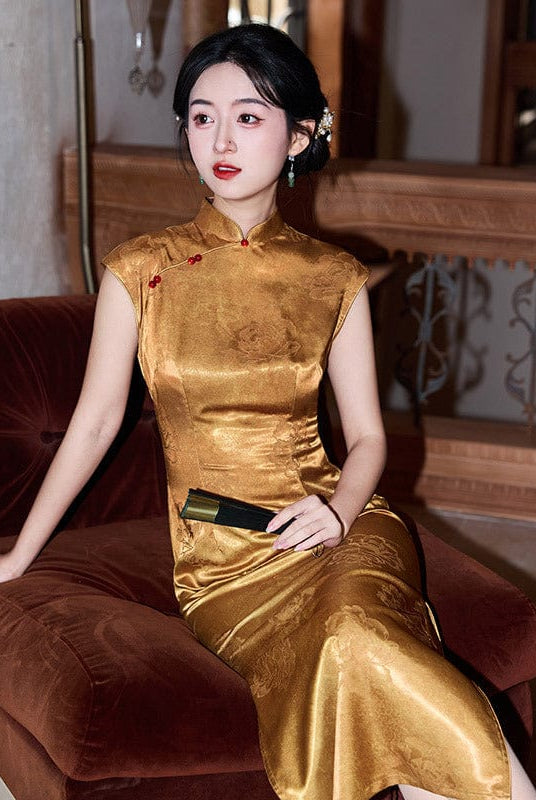 Beth and Brian Qipao-ZQYS Chinese retro style, floral pattern, gold midi Cheongsam