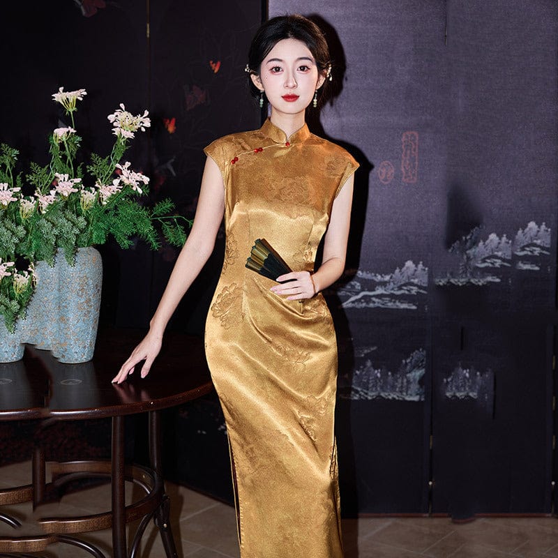Beth and Brian Qipao-ZQYS Chinese retro style, floral pattern, gold midi Cheongsam
