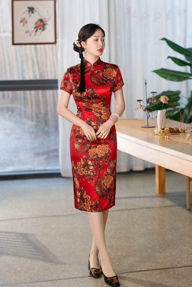 Beth and Brian Qipao-SZY Floral print, Hua luo, blue&red midi Cheongsam