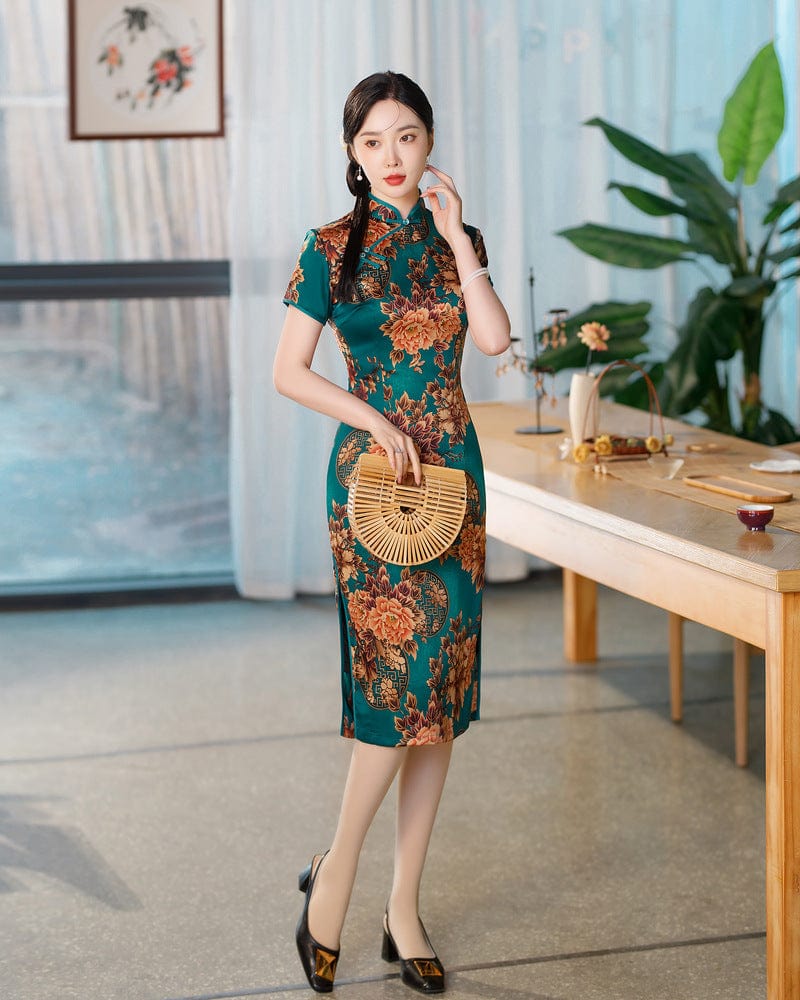Beth and Brian Qipao-SZY Floral print, Hua luo, blue&red midi Cheongsam