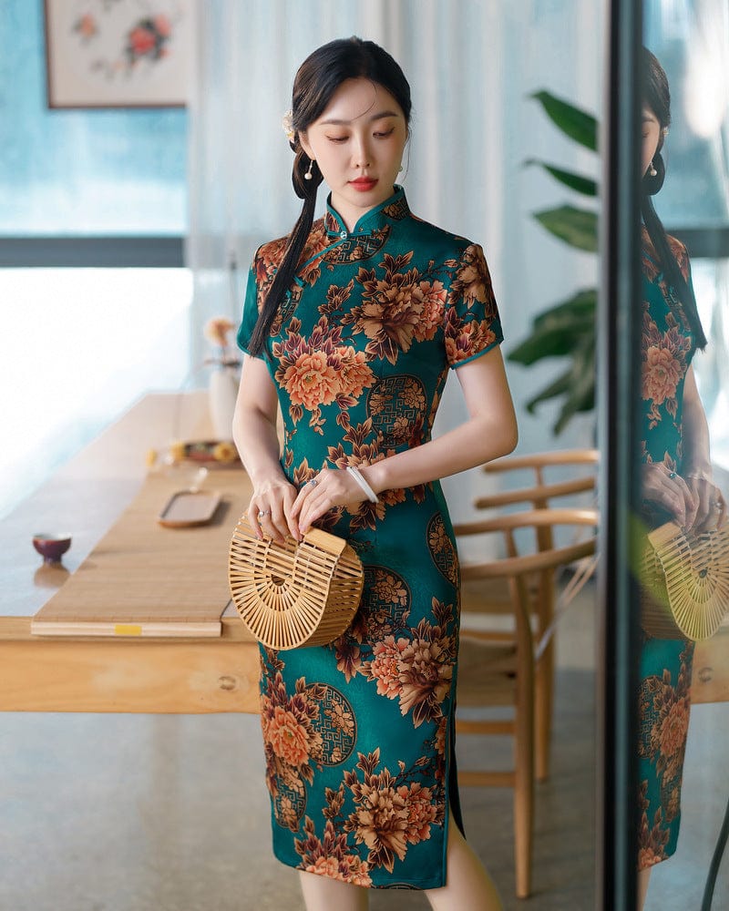 Beth and Brian Qipao-SZY Floral print, Hua luo, blue&red midi Cheongsam