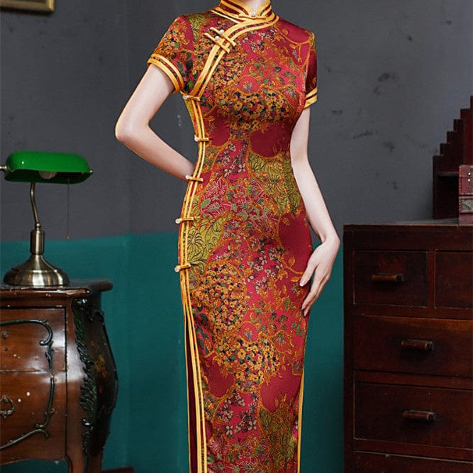Beth and Brian Qipao-TQX Old Shanghai style, Hua luo satin long Cheongsam