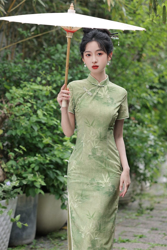 Beth and Brian Qipao-JN Mesh fabric, bamboo pattern, green midi Cheongsam